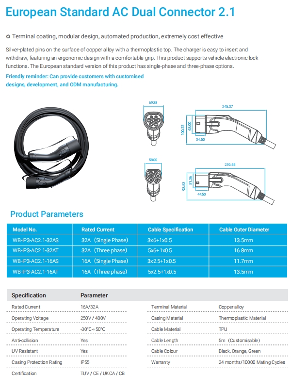 Mode 3 kabel 32A 3-phase , type 2 (10 m ) 22 kwh (B)